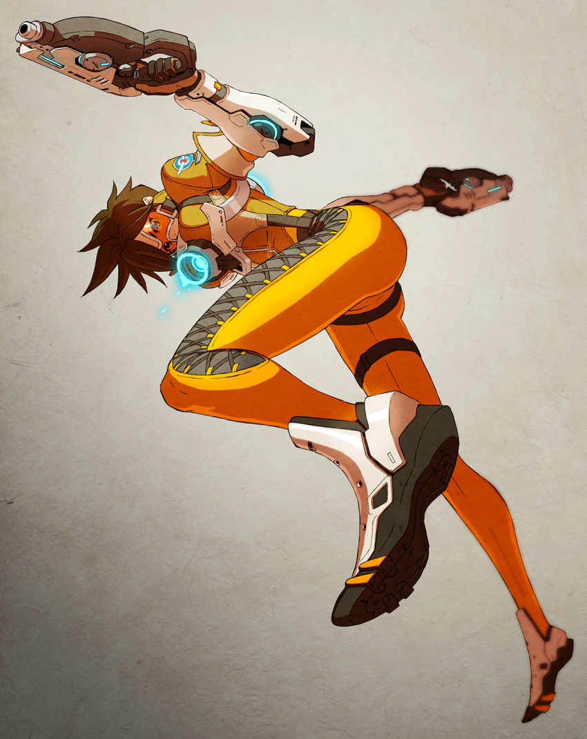 1girl bodysuit bomber_jacket brown_jacket commentary_request dual_wielding from_below full_body gloves goggles grey_background gun harness highres holding jacket leather leather_jacket looking_down machine_pistol orange-tinted_eyewear orange_bodysuit overwatch pants shoes sneakers solo tight tight_pants tracer_(overwatch) weapon yoshimura_ken'ichirou