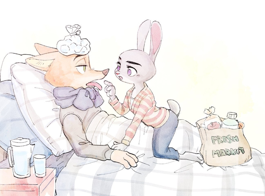 beverage bibio canid canine clothing disney duo female food fox ill judy_hopps lagomorph leporid male mammal nick_wilde oibib rabbit straddling tongue tongue_out zootopia