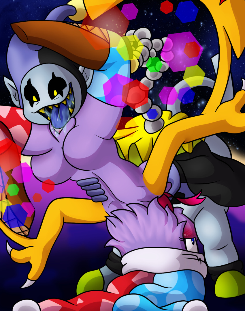 2019 69_position anthro anthrofied black_eyes blue_eyes blush bodily_fluids bow_tie breasts butt clothing crossgender crossover cunnilingus deltarune digital_media_(artwork) duo fangs fellatio female footwear genital_fluids gloves grey_skin hair handwear hat headgear headwear hi_res humanoid imp jester jevil_(deltarune) kirby_(series) male male/female mammal marx nintendo not_furry nude open_mouth oral penetration penile purple_hair purple_skin pussy saliva sex sharp_teeth smile standing standing_69 standing_sex teeth tongue tongue_out vaginal video_games yoshimister