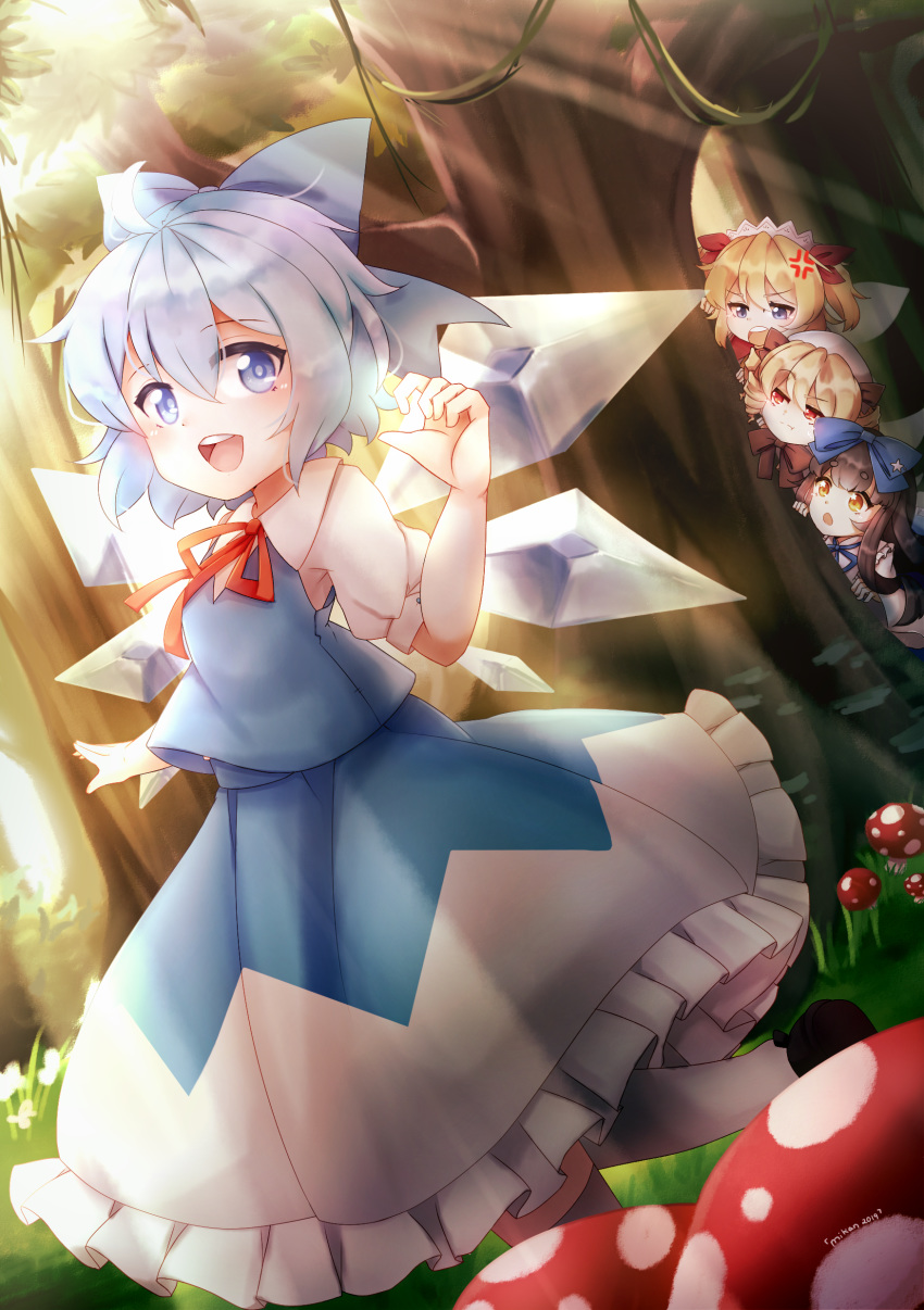 4girls :i absurdres anger_vein arm_up behind_tree blonde_hair blue_eyes blue_hair blue_skirt blue_vest bow bowtie brown_hair brown_neckwear chestnut_mouth cirno commentary_request dutch_angle eyebrows_visible_through_hair forest grass hair_between_eyes hair_ribbon headdress highres light_rays looking_at_another looking_at_viewer luna_child merry_(cranberry) multiple_girls mushroom nature open_mouth orange_eyes outdoors peeking_out plant puffy_short_sleeves puffy_sleeves red_eyes red_neckwear red_ribbon ribbon shirt short_hair short_sleeves skirt star_sapphire sunbeam sunlight sunny_milk thick_eyebrows touhou twintails upper_body upper_teeth vest vines white_headwear white_shirt