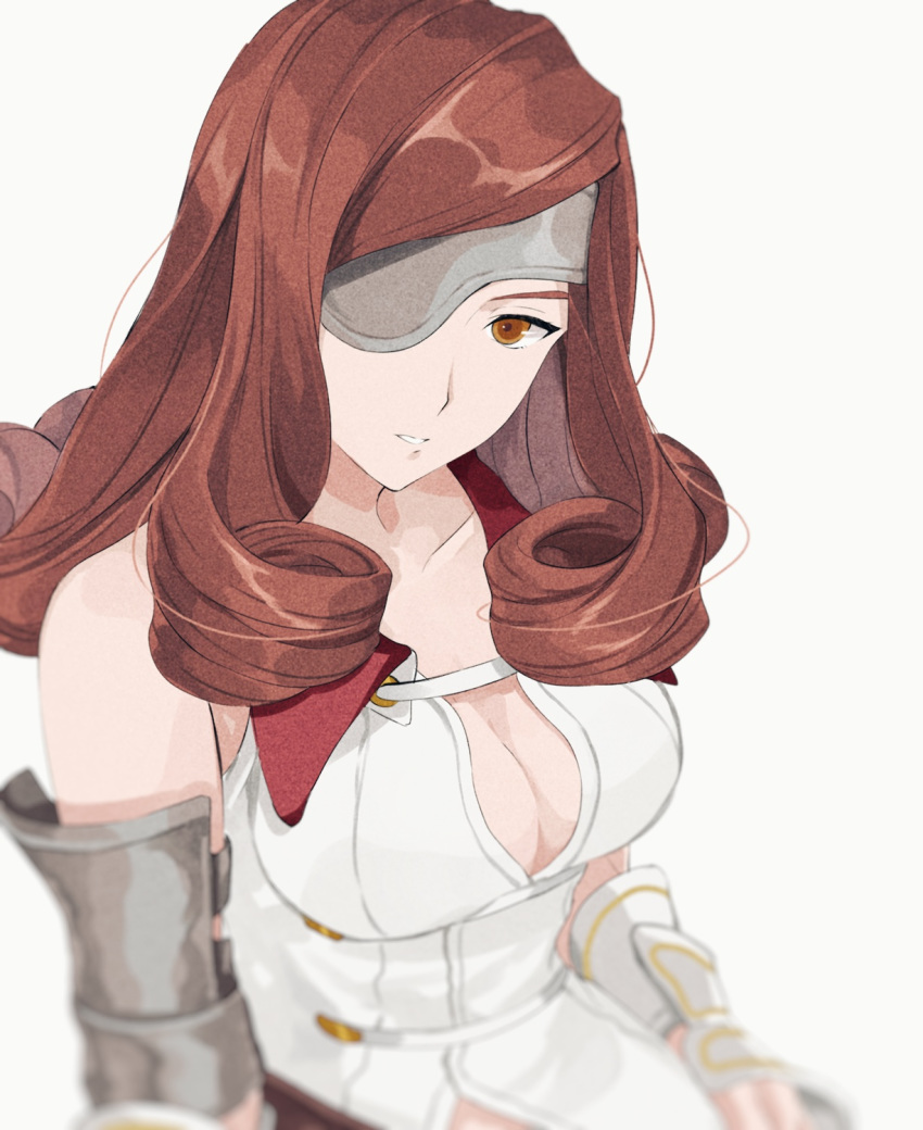 1girl armor beatrix_(ff9) breasts brown_eyes brown_hair cleavage cleavage_cutout curly_hair dress eyepatch final_fantasy final_fantasy_ix gloves head_tilt highres large_breasts long_hair looking_at_viewer solo white_background white_dress white_gloves yawai_tofu
