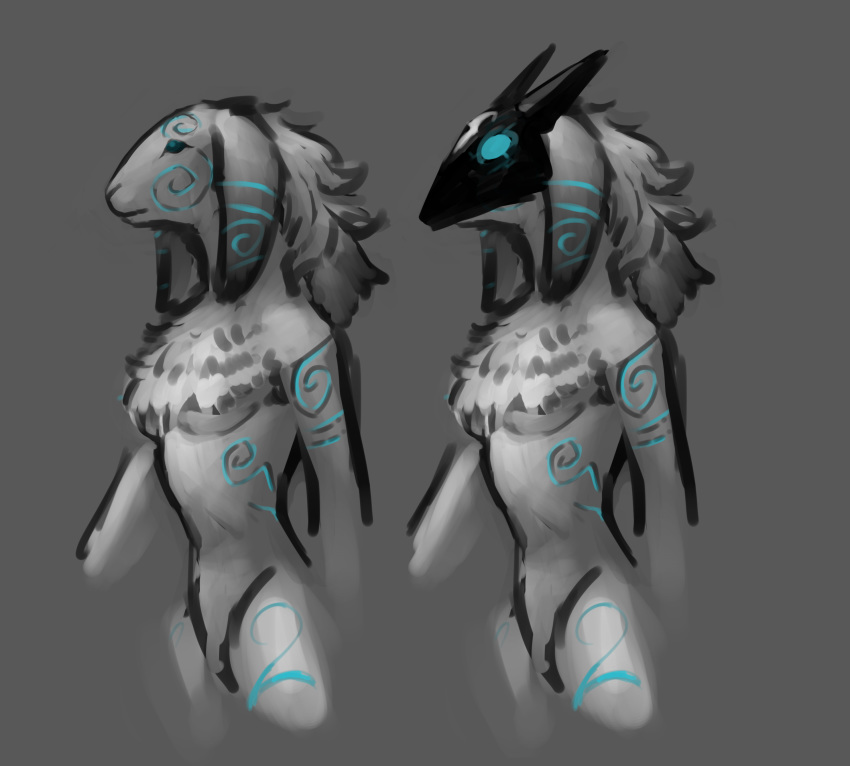 2019 absurd_res anthro biped blue_eyes blue_markings bovid caprine chest_tuft digital_media_(artwork) female floppy_ears fluffy fur grey_background grey_ears grey_fur grey_hair hair half-length_portrait hi_res lamb_(lol) league_of_legends long_ears long_hair mammal markings mask mask_off napalm_express portrait riot_games simple_background solo tuft video_games