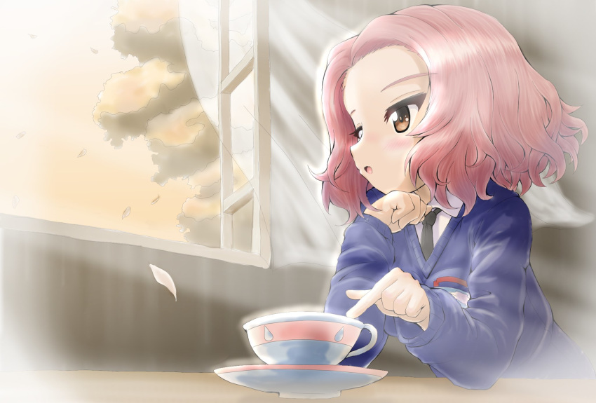 1girl black_neckwear blue_sweater brown_eyes chin_rest commentary_request cup curtains daxz240r dress_shirt elbow_rest emblem girls_und_panzer highres leaf light_blush long_sleeves looking_to_the_side medium_hair necktie open_mouth orange_sky red_hair rosehip saucer school_uniform shirt sitting sky solo st._gloriana's_(emblem) st._gloriana's_school_uniform sweater teacup tree twilight v-neck white_shirt wind window wing_collar