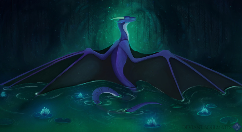 2019 absurd_res ambiguous_gender blue_fur deviant-soulmates digital_media_(artwork) dragon feral fur furred_dragon hi_res horn membrane_(anatomy) membranous_wings partially_submerged solo water wings