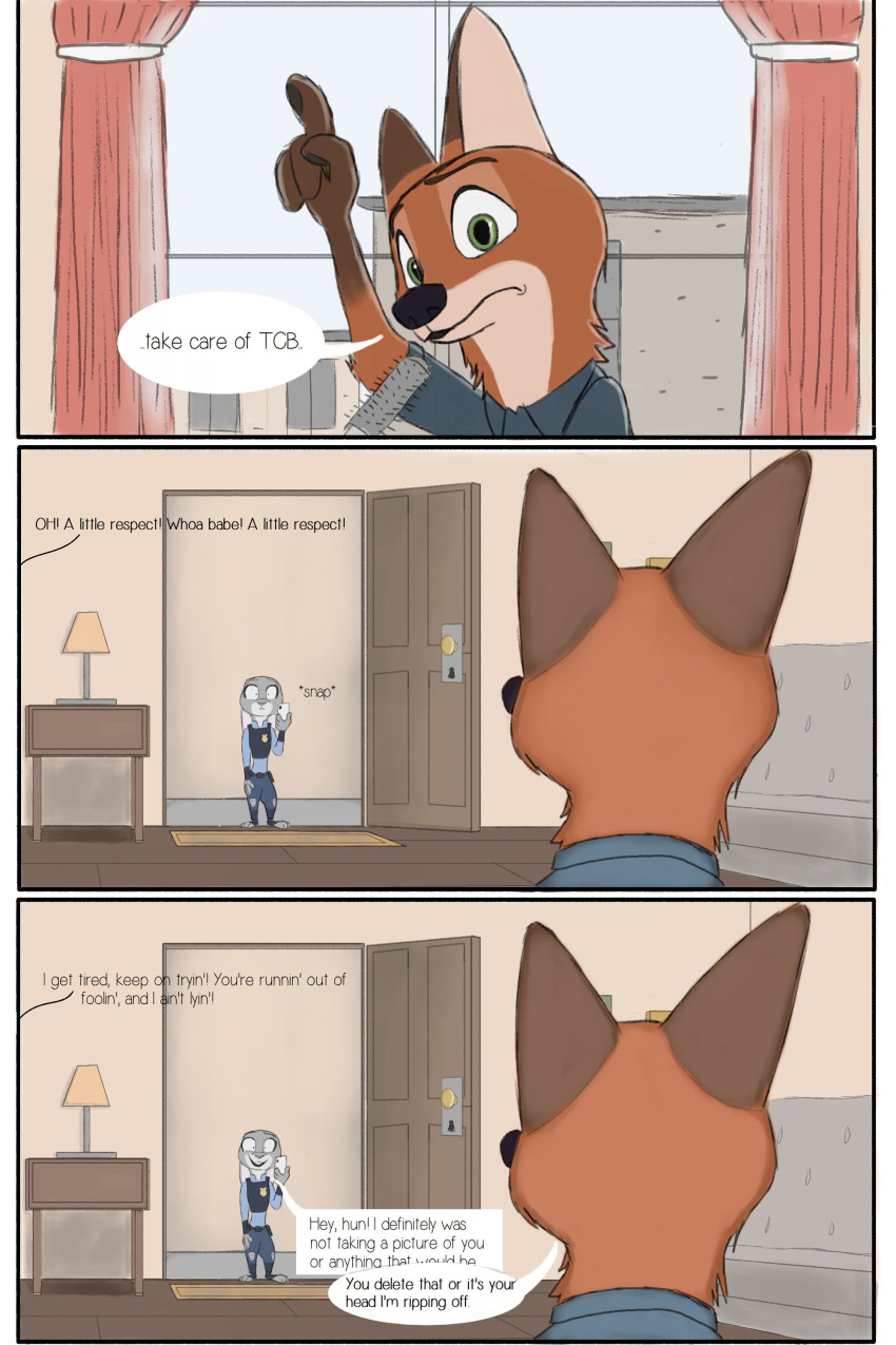 absurd_res aureldrawsstuff canid canine clothing comic dialogue disney door english_text female fox hi_res judy_hopps lagomorph leporid male mammal nick_wilde phone rabbit singing television text window zootopia