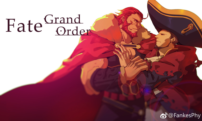 absurdres bara beard belt blue_eyes brown_hair cape chest epaulettes facial_hair fate/grand_order fate_(series) guoguo hand_on_another's_arm hand_on_another's_chest highres large_hat long_sleeves looking_at_another male_focus multiple_boys muscle napoleon_bonaparte_(fate/grand_order) pants pectorals red_eyes red_hair rider_(fate/zero) simple_background smile uniform white_background wrinkles