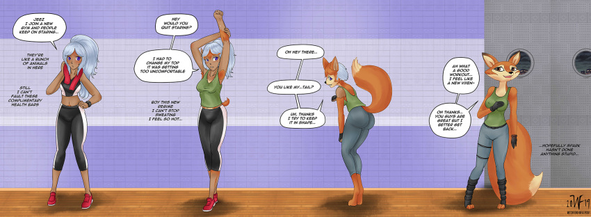 2019 anthro bottomwear butt canid canine clothing detailed_background dialogue embarrassed female footwear fox hair hi_res human human_to_anthro kaelyn_(tomlloyd) looking_at_viewer mammal nipple_outline pants ponytail sequence shirt shoes smile solo spark_a_space_tail_(film) species_transformation standing tail_growth tank_top topwear transformation unseen_character vix_(spark) white_hair witchfiend