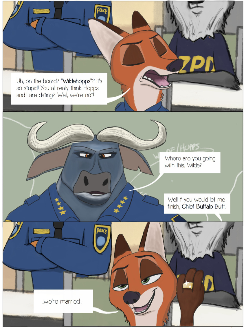 absurd_res aureldrawsstuff bovid bovine canid canine canis cape_buffalo chief_bogo clothing comic dialogue disney english_text fox hi_res judy_hopps lagomorph leporid mammal nick_wilde rabbit ring text uniform wolf zootopia