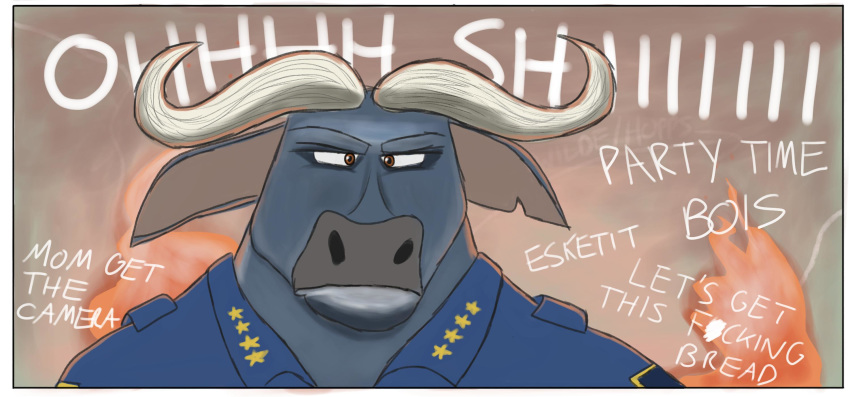 aureldrawsstuff bovid bovine cape_buffalo chief_bogo clothing comic dialogue disney english_text hi_res mammal solo text uniform zootopia