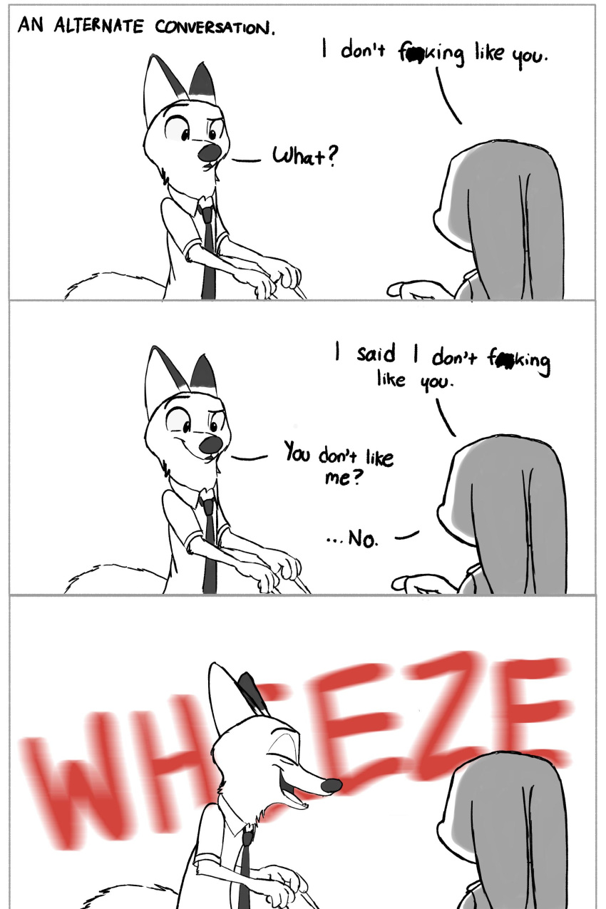 absurd_res aureldrawsstuff black_and_white canid canine clothing comic dialogue disney english_text female fox hi_res judy_hopps lagomorph leporid male mammal monochrome nick_wilde rabbit text zootopia