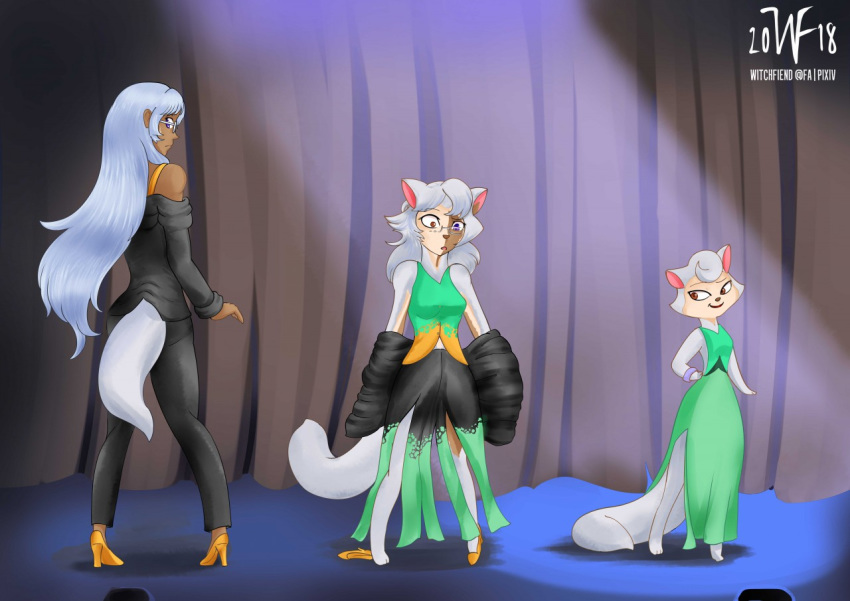 2018 animal_humanoid anthro barefoot blue_eyes breasts brown_eyes cat_humanoid cats_don't_dance clothing domestic_cat dress eyewear felid felid_humanoid feline feline_humanoid felis female footwear glasses green_clothing green_dress hair high_heels humanoid humanoid_to_anthro kaelyn_(tomlloyd) mammal mammal_humanoid rear_view sawyer_(cats_don't_dance) sequence shoes shrinking smile solo stage surprise transformation warner_brothers white_hair witchfiend