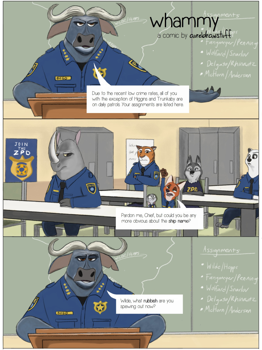 absurd_res aureldrawsstuff bovid bovine canid canine canis cape_buffalo chief_bogo clothing comic dialogue disney english_text felid fox hi_res judy_hopps lagomorph leporid mammal nick_wilde pantherine polar_bear rabbit rhinocerotoid text tiger uniform ursid ursine wolf zootopia