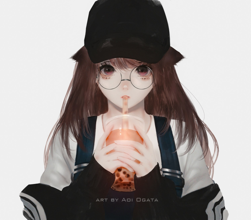 1girl aoi_ogata artist_name bangs baseball_cap black_headwear black_jacket brown_hair bubble_tea commentary commission cup disposable_cup drinking_straw eyebrows_visible_through_hair fingernails glasses grey_background hair_between_eyes hat highres holding holding_cup jacket long_hair long_sleeves looking_at_viewer off_shoulder original overalls parted_lips red_eyes round_eyewear shirt simple_background sleeves_past_wrists solo upper_body white_shirt