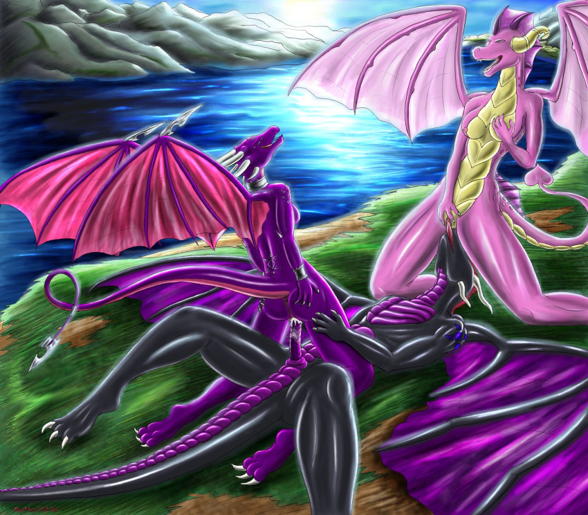 2010 3_toes 4_fingers activision anthro anthro_on_anthro anthrofied anus blue_sky breasts claws crest cunnilingus cynder day detailed_background digital_media_(artwork) dragon ember_(spyro) erection fan_character female fingers frill_(anatomy) grass group group_sex head_frill hi_res horn kneeling lying male male/female male_penetrating membrane_(anatomy) membranous_wings nature nero_(dragon) nipples non-mammal_breasts nude on_back open_mouth oral outside penetration penis pussy scalie sex sky spade_tail spyro_the_dragon survion threesome toe_claws toes tongue tongue_out vaginal vaginal_penetration video_games water wings