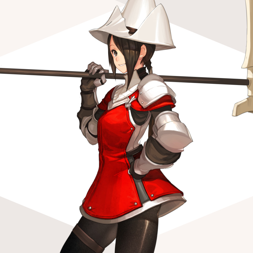 1girl absurdres armor black_pants brown_eyes brown_hair commentary_request cowboy_shot dress elbow_pads gauntlets hair_over_one_eye hand_on_hip helmet highres holding holding_weapon keemu_(occhoko-cho) long_hair looking_at_viewer original pants parted_lips pauldrons ponytail red_dress scythe shoulder_armor smile solo thigh_strap weapon