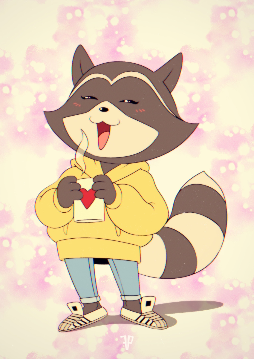 &lt;3 :3 absurd_res anthro biped blush bottomwear chillhop_raccoon clothed clothing cup digital_media_(artwork) female fox-pop full-length_portrait fully_clothed hi_res hoodie jeans mammal open_mouth pants portrait procyonid raccoon smile sneakers solo standing steam topwear