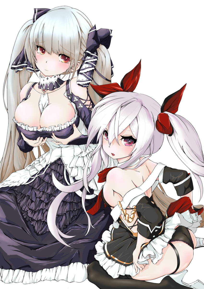 2girls ass azur_lane black_legwear black_panties blush breasts cleavage closed_mouth collarbone commentary_request detached_sleeves dress embarrassed fang formidable_(azur_lane) frilled_dress frilled_skirt frilled_underwear frills frown gothic_lolita grey_hair hair_between_eyes hair_ornament hair_ribbon hands_on_own_breasts hands_on_own_thighs highres holding holding_skirt kugimiya_rie large_breasts leotard lolita_fashion long_dress looking_at_viewer multiple_girls neck_ribbon open_mouth p.i.t.d panties red_eyes red_ribbon ribbon seiyuu_connection seiza short_dress silver_hair simple_background sitting skirt thighhighs twintails underwear vampire_(azur_lane) white_background