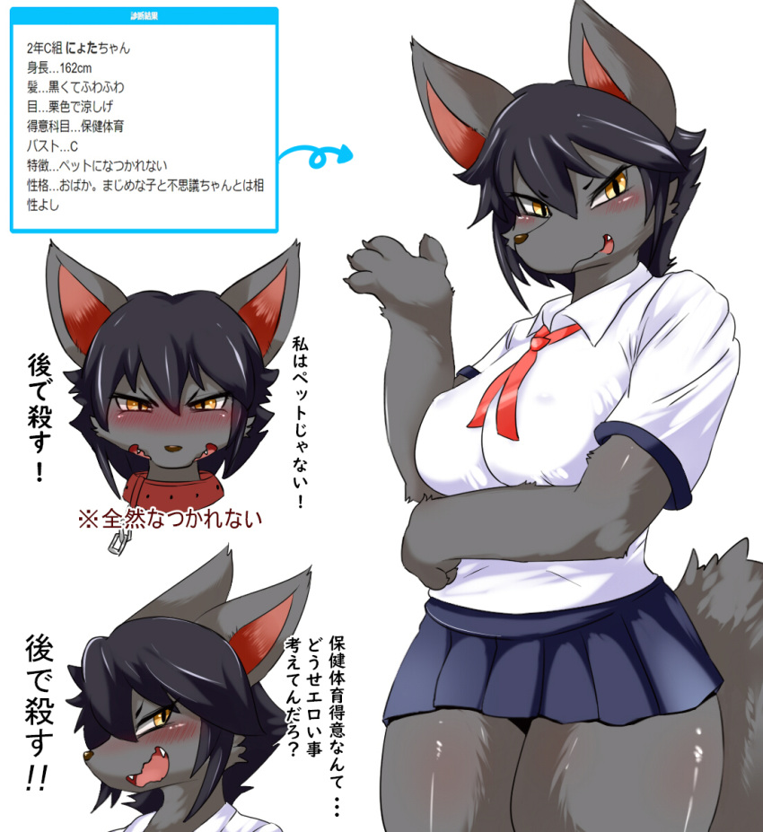 2019 alternate_version_at_source anthro big_breasts blush bottomwear breasts canid canine clothed clothing collar female hi_res japanese_text kemono mammal nipple_outline nyotaice school_uniform skirt solo text translation_request uniform yellow_eyes