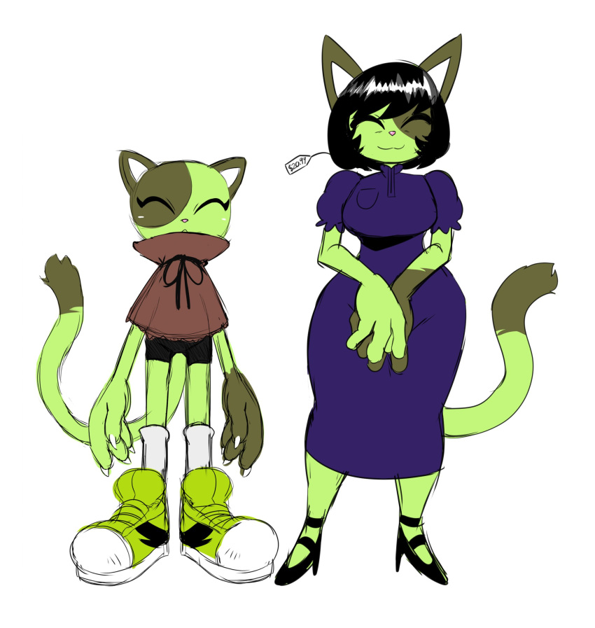 2018 anthro black_hair breasts clothed clothing daughter domestic_cat dottie_(sssonic2) dress duo eyes_closed felid feline felis female footwear fully_clothed fur green_fur hair hi_res high_heels legwear mammal mature_female mother mother_and_child mother_and_daughter parent parent_and_child parent_and_daughter pink_nose scratch_the_cat shoes simple_background sneakers socks sssonic2 white_background