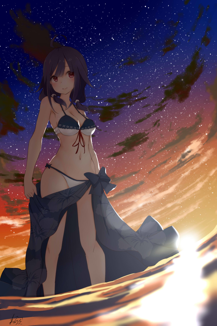 1girl absurdres ahoge bangs bikini blush breasts cleavage cloud floral_print hair_flaps highres kantai_collection long_hair low_twintails medium_breasts navel neve outdoors purple_hair red_eyes signature sky smile solo standing star_(sky) starry_sky swimsuit taigei_(kantai_collection) twintails water