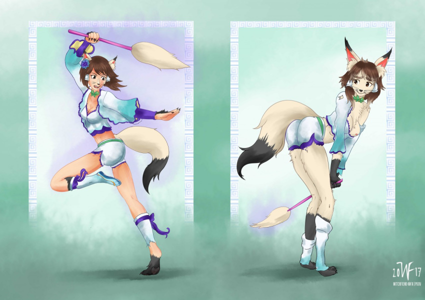 2017 animal_humanoid anthro bent_over breasts brown_hair butt canid canid_humanoid canine canine_humanoid clothing female fox_humanoid hair humanoid mammal mammal_humanoid nipples on_one_leg open_mouth pawpads ribbons solo soul_calibur standing torn_clothing transformation video_games whiskers witchfiend xianghua
