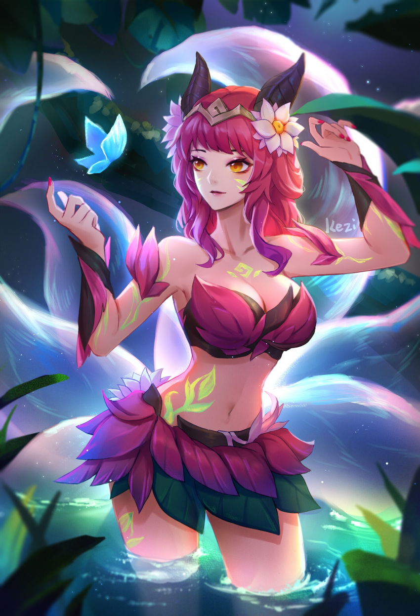 1girl ahri alternate_costume alternate_hair_color artist_name breasts bug butterfly circlet cleavage elderwood_ahri flower hair_flower hair_ornament highres horns insect kezi league_of_legends long_hair navel outdoors pink_hair pink_nails solo standing tattoo wading whisker_markings