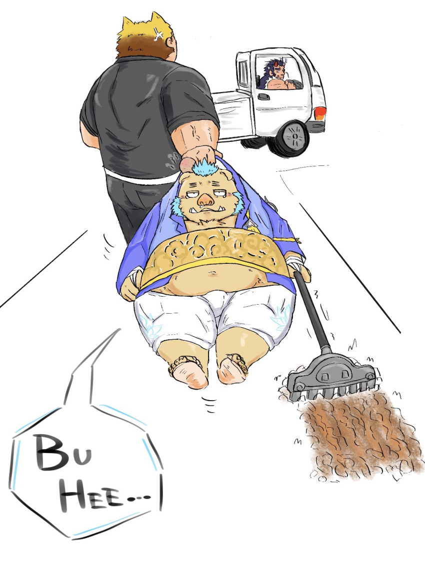2019 anthro belly car clothed clothing edible2582 footwear gouryou group hi_res humanoid_hands male mammal overweight overweight_male sandals suid suina sus_(pig) text tokyo_afterschool_summoners vehicle video_games wild_boar