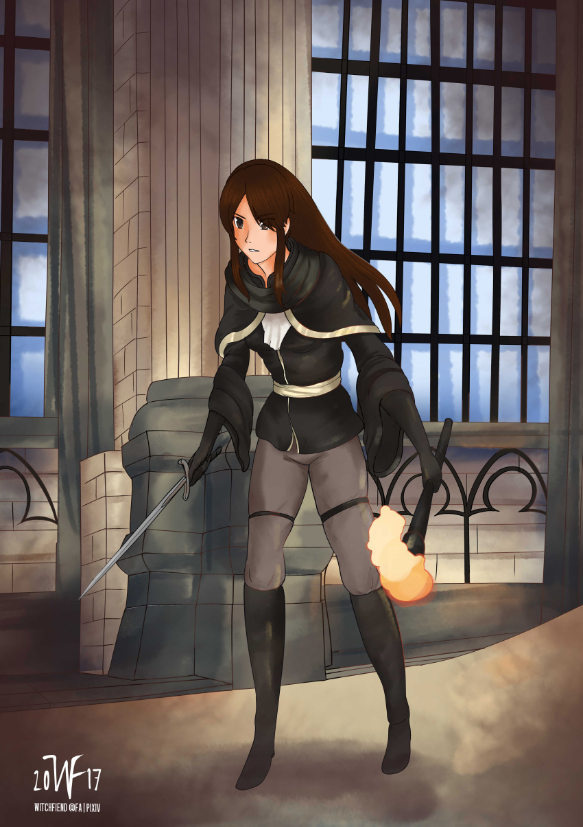 2017 absurd_res bottomwear breasts brown_hair clothed clothing detailed_background female hair hi_res human human_only inside lenora_(tomlloyd) mammal melee_weapon not_furry pants solo sword torch weapon witchfiend