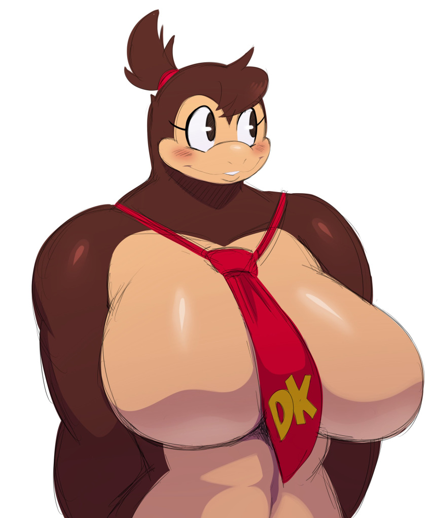 absurd_res anthro ape big_breasts blush breasts brown_eyes brown_fur crossgender donkey_kong_(character) donkey_kong_(series) eyelashes featureless_breasts female fur gorilla haplorhine hi_res mammal mostly_nude mtf_crossgender muscular muscular_female necktie nintendo ponytail primate simple_background smile solo sssonic2 video_games white_background