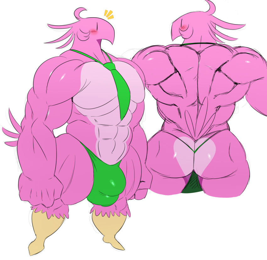anthro avian bird blush bulge butt clothed clothing feathers fist front_view hi_res male muscular muscular_male necktie pink_feathers rear_view simple_background skimpy solo speedo sssonic2 swimwear topless white_background