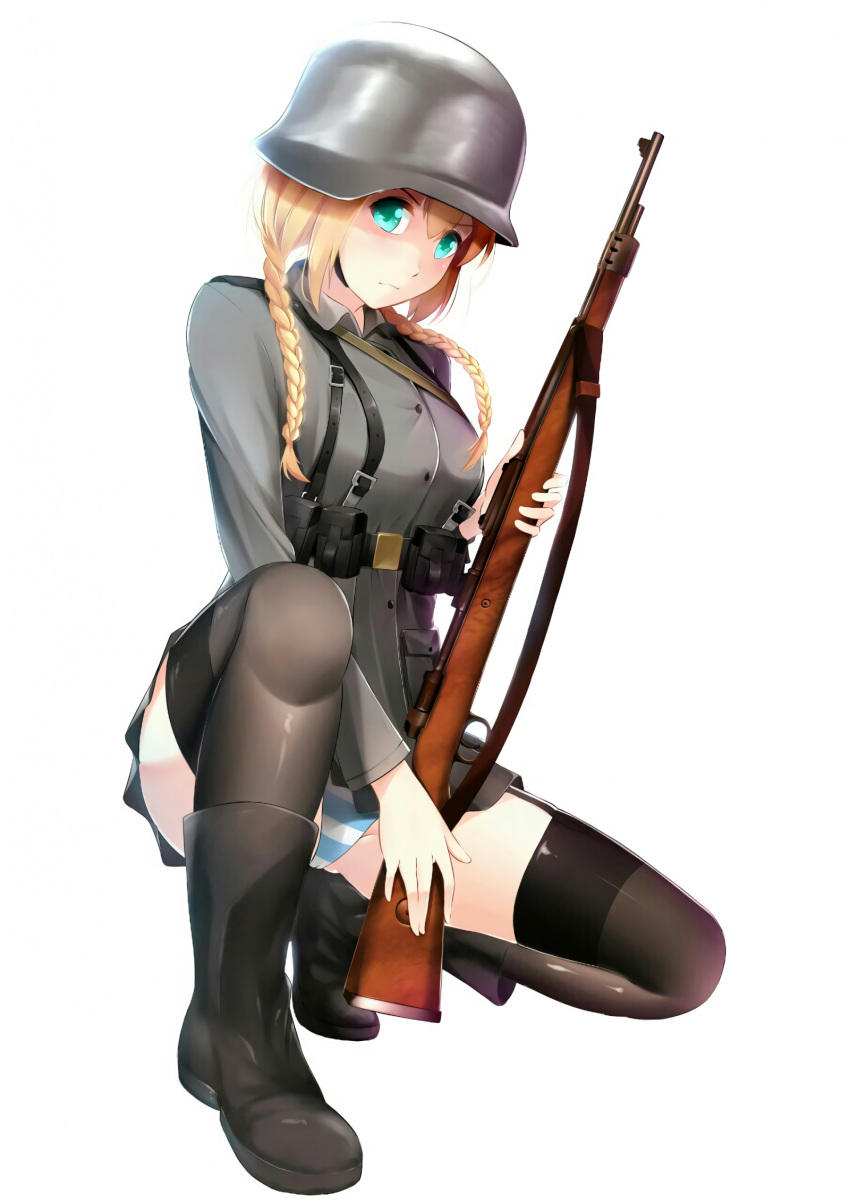 1girl aqua_eyes blonde_hair boots braid gun hair_over_shoulder helmet highres ilham military military_uniform original panties pantyshot pantyshot_(squatting) rifle solo squatting stahlhelm striped striped_panties thighhighs twin_braids twintails underwear uniform weapon white_background