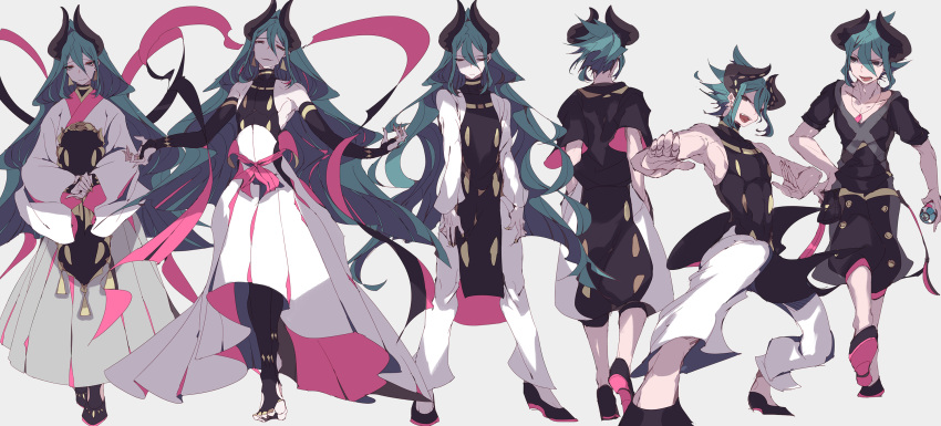 1boy aqua_hair arms_at_sides black_horns black_legwear bridal_gauntlets closed_eyes gen_6_pokemon gold_trim highres holding holding_poke_ball horns jewelry lemming_no_suana long_hair long_sleeves malamar multiple_views necklace personification pink_ribbon poke_ball pokemon pose ribbon short_hair short_sleeves skirt sleeveless standing very_long_hair white_skirt wide_sleeves