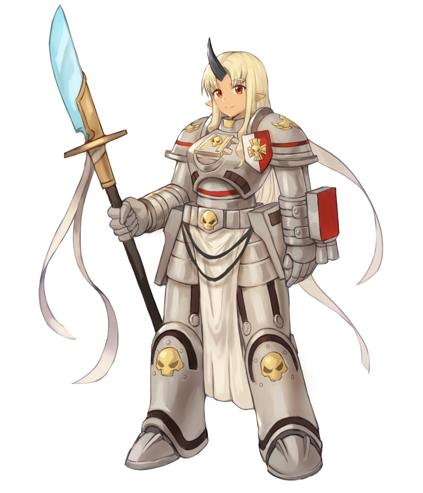 1girl absurdres armor bangs blonde_hair commission cosplay dark_skin eyebrows_visible_through_hair full_body glaive grey_knight grey_knight_(cosplay) highres holding holding_spear holding_weapon horn long_hair looking_at_viewer monster_girl monster_musume_no_iru_nichijou ogre ornate pauldrons pointy_ears polearm red_eyes simple_background smile solo sookmo spear standing tionishia warhammer_40k weapon white_background