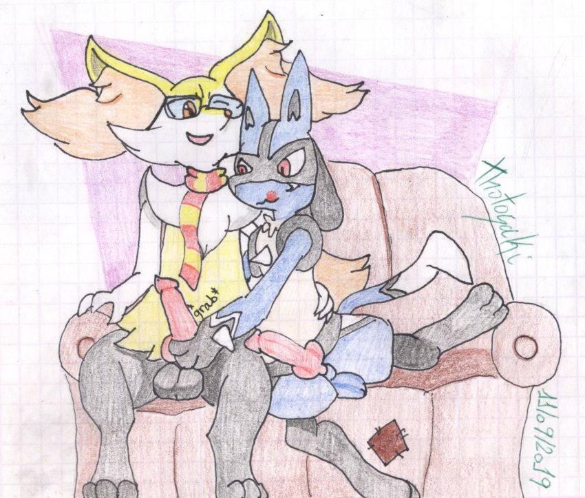 animal_genitalia animal_penis blue_fur braixen canine_penis drawing erection fur hi_res inner_ear_fluff katsurokurosaki knot lucario male nintendo penis pok&eacute;mon pok&eacute;mon_(species) simple_background sofa tongue traditional_media_(artwork) video_games