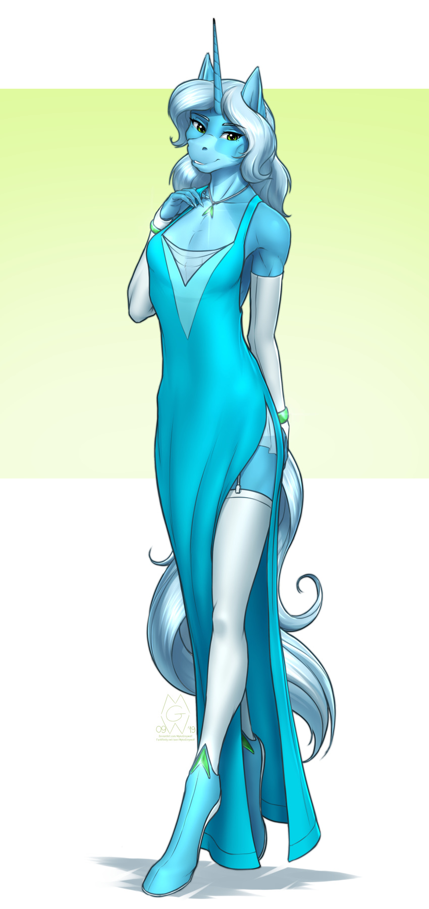 2019 5_fingers absurd_res anthro blue_hair clothed clothing digital_media_(artwork) equid eyebrows eyelashes fan_character female fingers green_eyes hair hi_res horn looking_at_viewer mammal my_little_pony mykegreywolf smile solo standing unicorn
