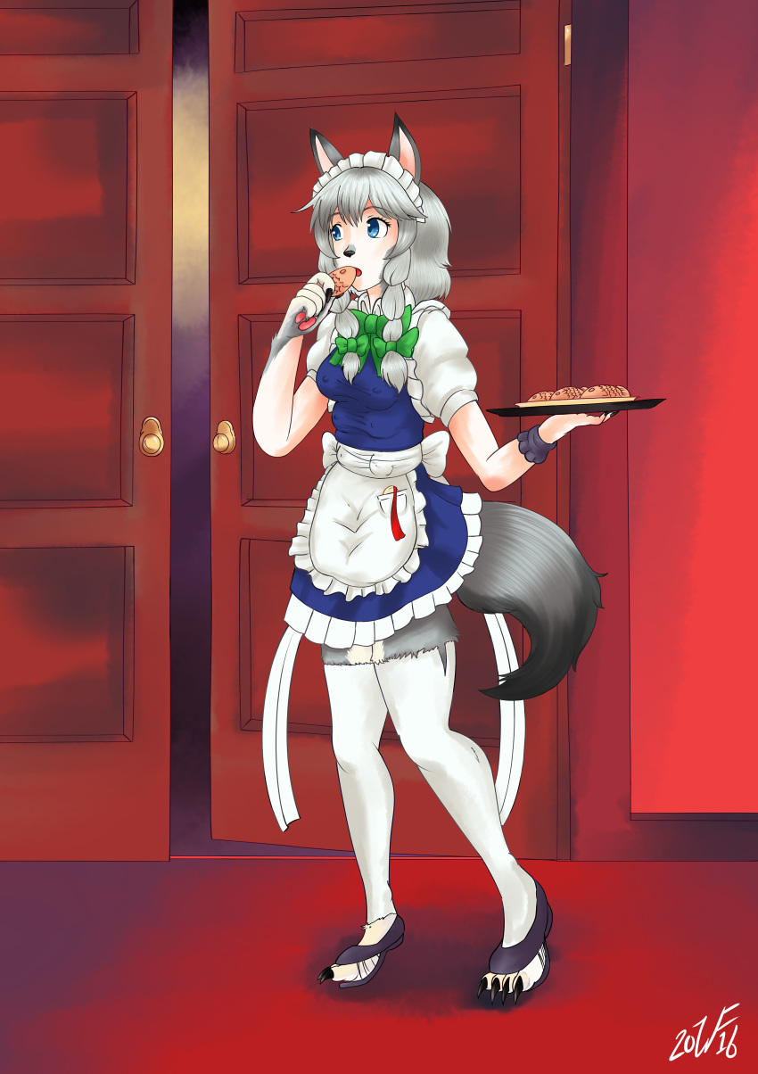 2016 6_breasts absurd_res animal_humanoid apron blue_eyes breasts canid canid_humanoid canine canine_humanoid claws clothed clothing door eating female food fully_clothed grey_hair hair hi_res humanoid legwear maid_uniform mammal mammal_humanoid mansion medallion multi_breast nipple_outline open_mouth sakuya_izayoi solo standing stockings taiyaki touhou transformation uniform video_games were werecanid werecanine werewolf witchfiend wolf_humanoid