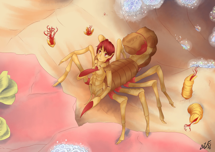 2016 absurd_res alternate_species arachnid arachnid_taur arthropod arthropod_taur breasts desert detailed_background exoskeleton female hair hi_res nipples noel_pond non-mammal_breasts red_eyes red_hair scorpion scorpion_taur short_hair solo standing stinger taur witchfiend