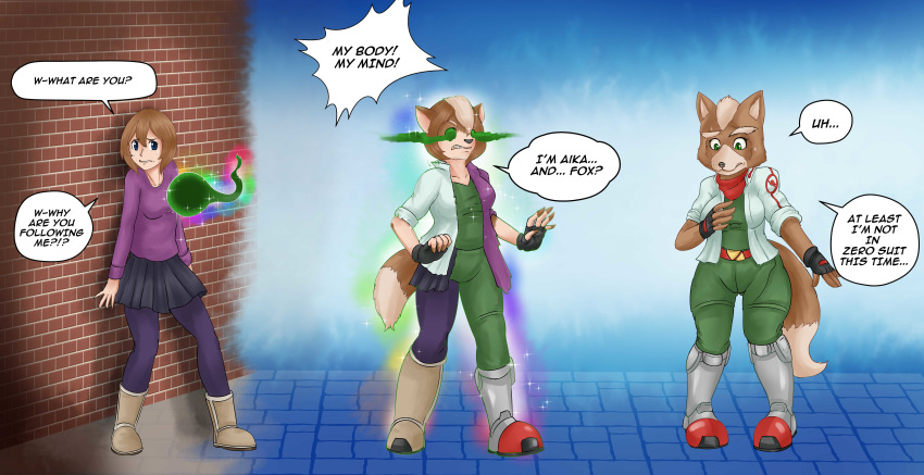 2019 absurd_res aika_(tomlloyd) ambiguous_gender anthro bottomwear breasts brick_wall canid canine clothing crossgender dialogue duo female footwear forced forced_transformation fox fox_mccloud hi_res human human_to_anthro mammal nintendo sequence shoes skirt solo_focus species_transformation spirit standing star_fox surprise tail_growth transformation video_games witchfiend