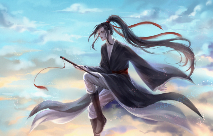 1boy absurdres artist_name black_hair blue_sky boots brown_footwear day dreamingpool floating flute hair_ribbon highres huge_filesize instrument levitation long_hair male_focus mo_dao_zu_shi outdoors red_eyes red_ribbon ribbon robe sidelocks sky solo wide_sleeves wuxian_wei