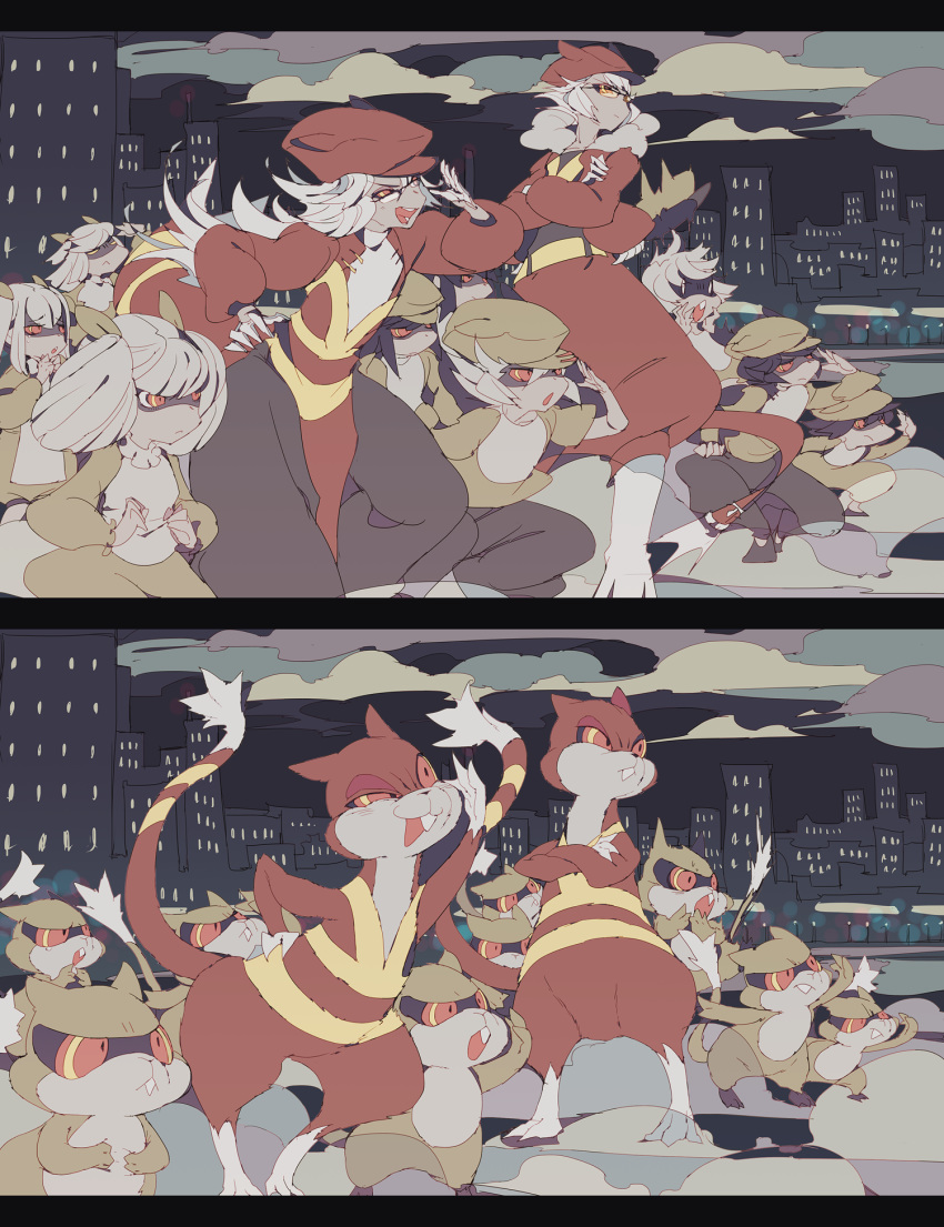 :o animal_hat bandit black_sky building cityscape clenched_hand cloud crossed_arms frown gen_5_pokemon glasses gloves hands_up hat highres lemming_no_suana long_sleeves outdoors patrat personification pokemon puffy_long_sleeves puffy_sleeves red_eyes red_pupils red_sclera sketch skyscraper watchog white_gloves white_hair yellow_eyes