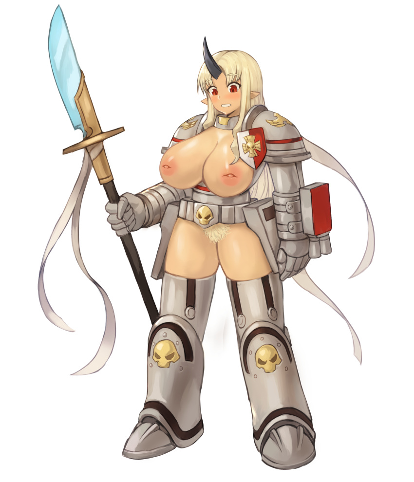 1girl absurdres armor bangs blonde_hair blush breasts cleavage commission cosplay dark_skin embarrassed eyebrows_visible_through_hair full_body glaive grey_knight grey_knight_(cosplay) highres holding holding_spear holding_weapon horn inverted_nipples large_breasts long_hair looking_down monster_girl monster_musume_no_iru_nichijou nipples ogre ornate pauldrons pointy_ears polearm pubic_hair red_eyes simple_background solo sookmo spear standing teeth thighs tionishia warhammer_40k weapon white_background