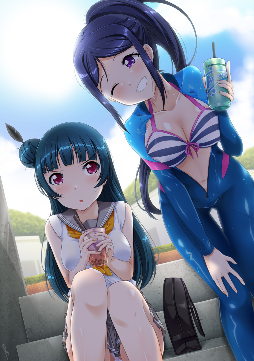 2girls :d :o bag bangs bikini_top black_feathers blue_hair blue_sky blunt_bangs blush bottle breasts bubble_tea bunji cleavage cloud collarbone dark_blue_hair drinking_straw feathers front-tie_bikini front-tie_top grey_skirt high_ponytail highres large_breasts love_live! love_live!_sunshine!! matsuura_kanan multiple_girls navel neckerchief one_eye_closed open_mouth outdoors panties pleated_skirt purple_eyes red_eyes school_bag school_uniform side_bun sitting sitting_on_stairs skirt sky sleeveless small_breasts smile stairs striped_bikini_top teeth tsushima_yoshiko underwear unzipped wet white_panties yellow_neckwear