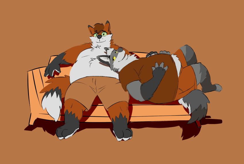 anthro belly canid canine canis clothed clothing coyote duo eyewear fattydragonite fox fur glasses grey_fur hand_on_stomach hi_res lying male male/male mammal on_back open_mouth open_smile orange_fur overweight overweight_male sitting smile sofa topless white_fur