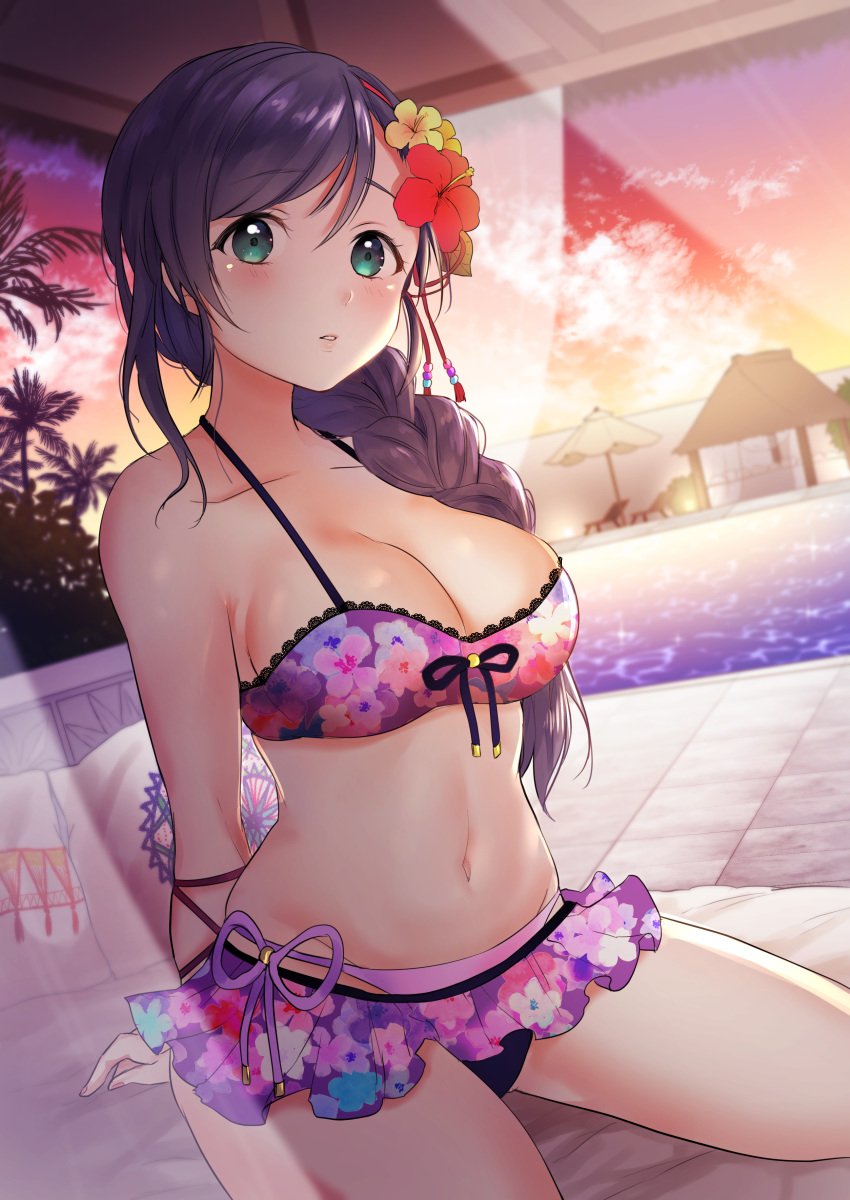 1girl absurdres alternate_hairstyle arms_behind_back bangs beach_chair bikini bikini_skirt blush braided_ponytail breasts cleavage cloud collarbone eyebrows_visible_through_hair floral_print flower green_eyes hair_between_eyes hair_flower hair_ornament hair_over_shoulder highres hut kazehana_(spica) large_breasts lavender_bikini_bottom layered_bikini long_hair looking_at_viewer love_live! love_live!_school_idol_project navel outdoors palm_tree parted_lips pillow pool poolside purple_bikini seiza side-tie_bikini sitting sunset swimsuit thick_thighs thighhighs thighs toujou_nozomi tree