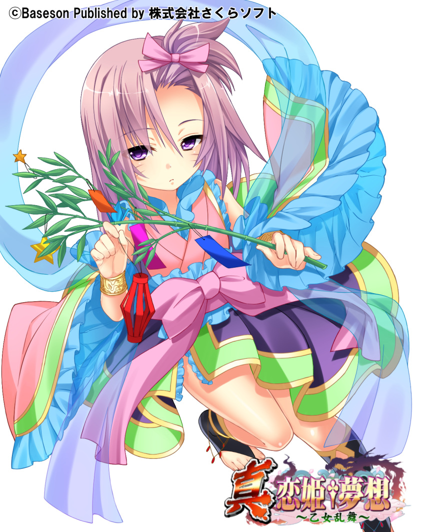 (#)w(#) 1girl black_legwear bow facial_mark forehead hair_bow highres japanese_clothes jokou kimono kneehighs knees_together_feet_apart koihime_musou long_hair obi official_art pink_hair pink_kimono purple_eyes purple_kimono ribbon sash side_ponytail simple_background solo toeless_legwear toes white_background