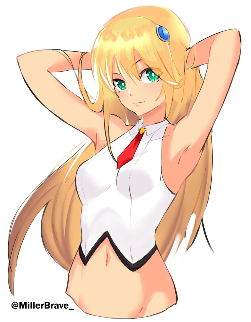 1girl absurdres armpits arms_behind_head arms_up artist_name blazblue blazblue:_cross_tag_battle blonde_hair breasts bright_pupils closed_mouth eyebrows_visible_through_hair green_eyes hair_between_eyes hair_ornament highres long_hair looking_at_viewer millerbrave navel necktie noel_vermillion raised_eyebrow shirt sleeveless sleeveless_shirt small_breasts smile solo twitter_username upper_body white_pupils white_shirt