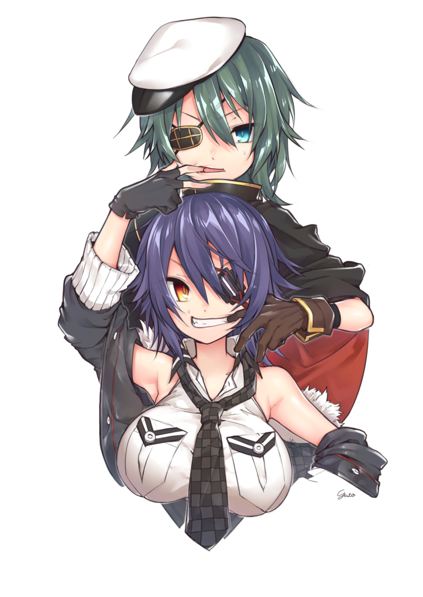 2girls absurdres aqua_eyes arm_up black_cape breast_pocket breasts cape checkered checkered_neckwear commentary eyebrows_visible_through_hair eyepatch eyes_visible_through_hair finger_in_another's_mouth finger_in_mouth gloves green_hair grin hair_between_eyes hat highres kantai_collection kiso_(kantai_collection) kusibu_yt large_breasts looking_at_viewer multiple_girls necktie open_mouth partly_fingerless_gloves pocket purple_hair red_eyes remodel_(kantai_collection) shirt short_hair signature sleeveless sleeveless_shirt smile sweatdrop tenryuu_(kantai_collection) unbuttoned white_shirt