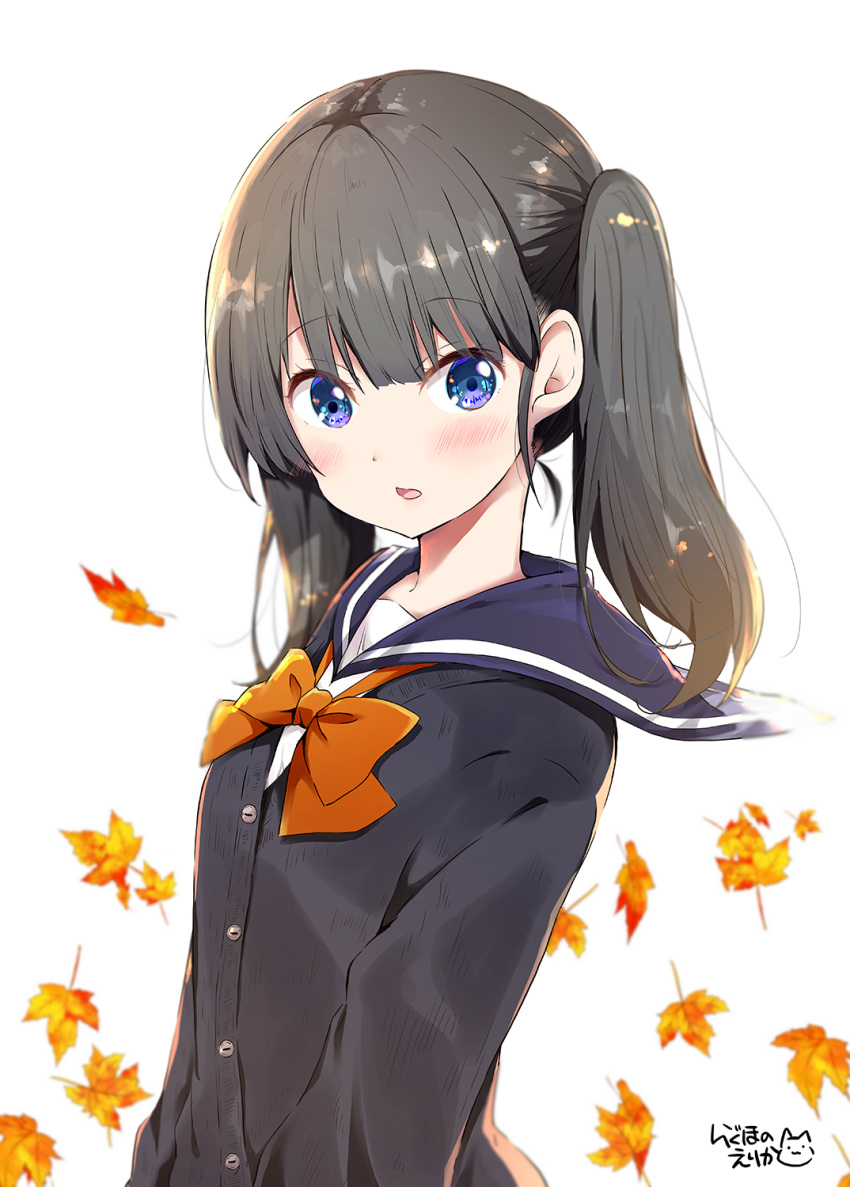 1girl bangs black_hair black_jacket blue_eyes blurry blurry_background blush bow bowtie commentary_request eyebrows_visible_through_hair highres jacket leaf long_hair open_moth orange_bow original ragho_no_erika school_uniform serafuku simple_background solo twintails white_background