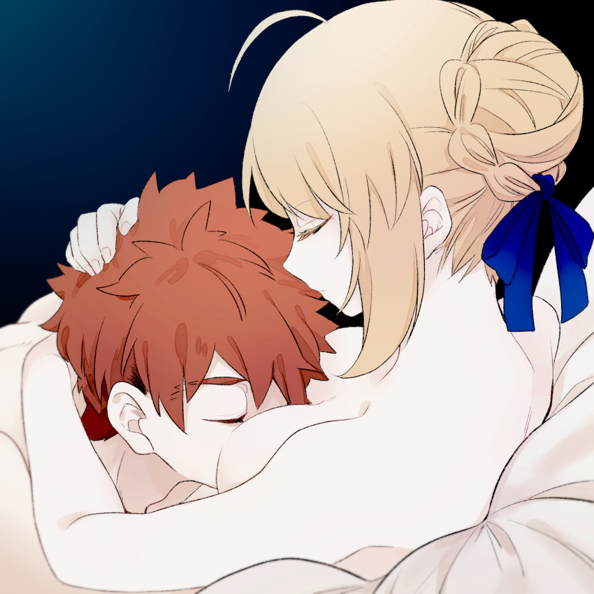 1boy 1girl ahoge artoria_pendragon_(all) bangs bare_shoulders blonde_hair blue_background blue_ribbon braid braided_bun breasts closed_eyes closed_mouth collarbone emiya_shirou eyebrows_visible_through_hair fate/stay_night fate_(series) hair_ornament hair_ribbon hand_on hand_on_another's_head highres hug long_hair medium_breasts nude red_hair ribbon saber simple_background suzuakks