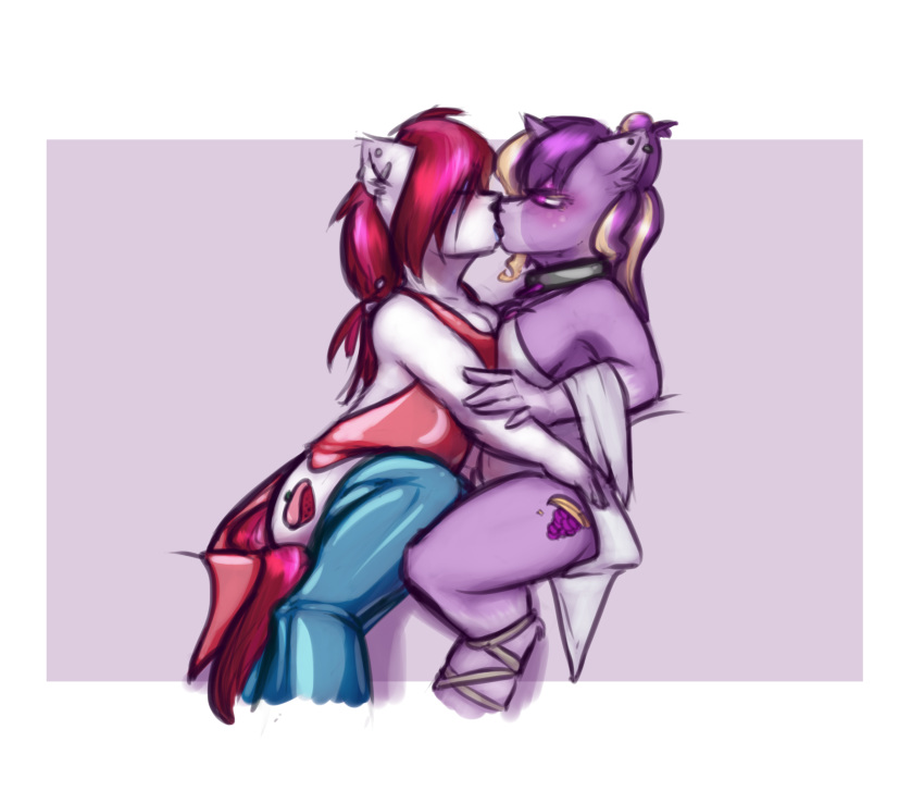 2019 absurd_res adelaide_(oc) anthro blush clothing collar cutie_mark dress duo equid equine fan_character female hair hi_res horn horse kissing krd legwear mammal my_little_pony piercing pony red_hair rubber stockings tight_fit_(oc) unicorn